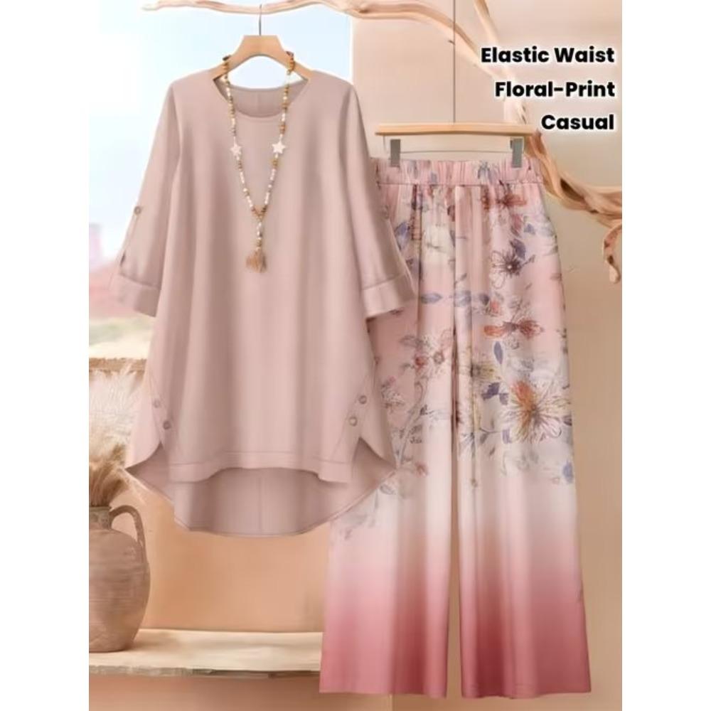 Floral Print Two Piece Outfit Women Long Sleeve Irregular Hem Tunic Top Wide Leg Pants Casual Matching Set
