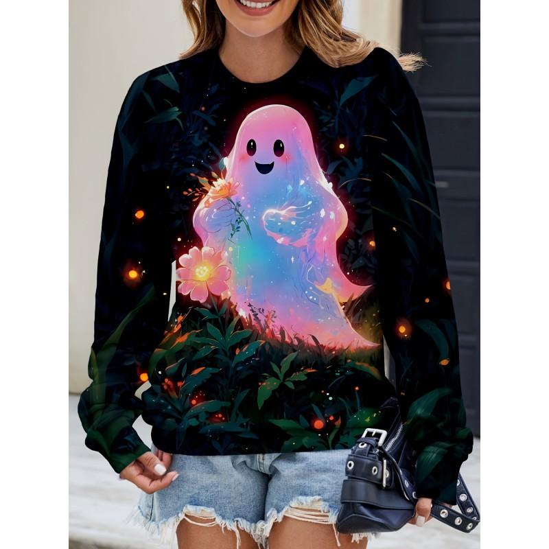 Womens Casual Hoodie With 3D Halloween Print Round Neck Lightweight Breathable Fabric