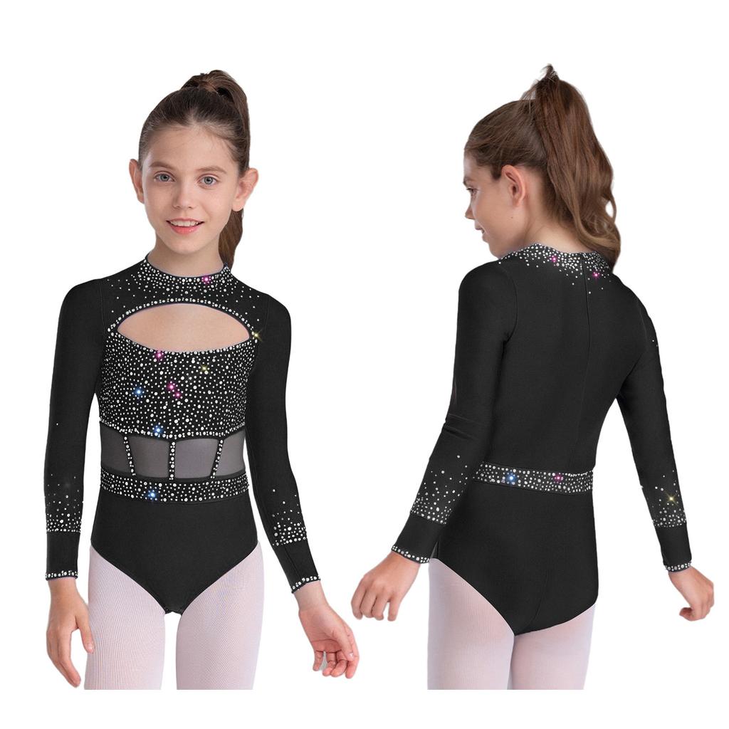Girls Dance Bodysuit Long Sleeve Rhinestone Leotard with Back Zipper & Cutout for Performance