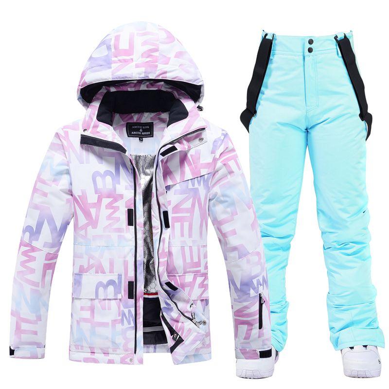 Women's Snow Wear Waterproof Windproof Ski Suit Set Snowboard Clothing Outdoor Costumes Winter Ice Jackets + Strap Pants