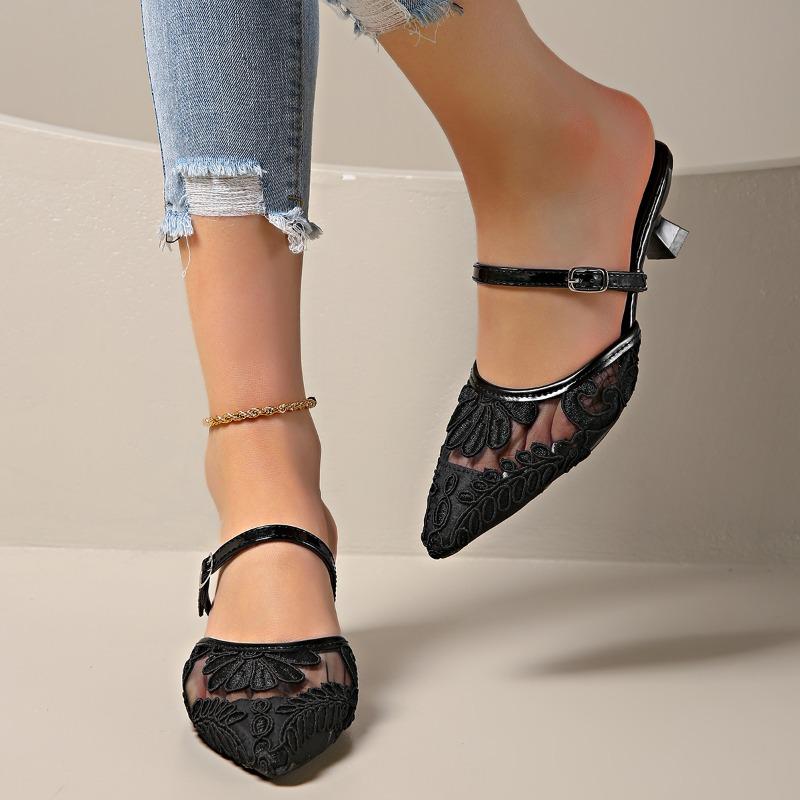 2025 Pointed Mesh Wrap Head Slippers Outside Wear High Heels New Shallow Mouth Sandals Single Shoes