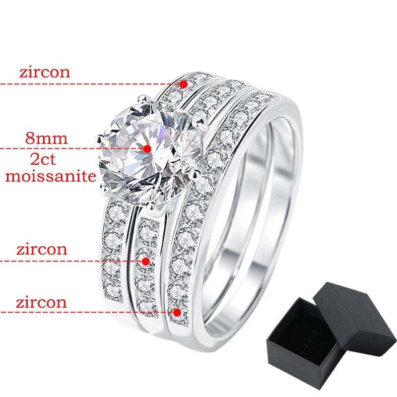 Bagues Moissanite rose véritable 2CT pour femmes, 3 pièces, Halo brillant, imitation diamant, bracelet de promesse, argent Sterling S925, 3 couleurs
