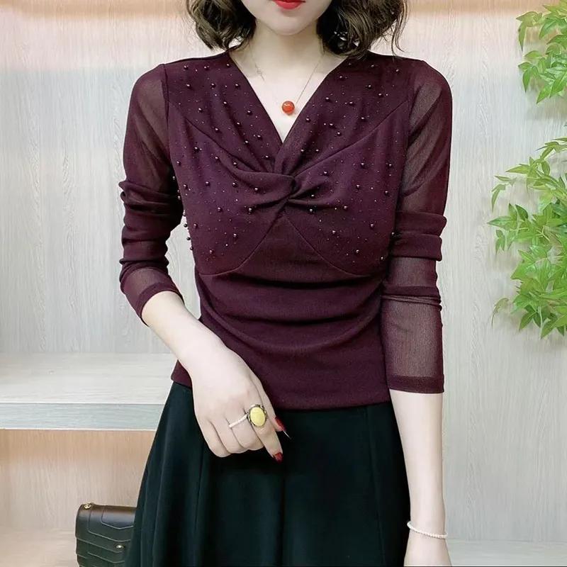 Women's Spring and Summer Elegant Long-Sleeve Blouse Design Slim-Fit V-Neck Base Layer