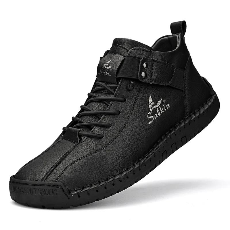 Fashion Winter New Men's Low-top Ankle Boots High Quality Hand-stitched Hook&loop Leather Casual Sneakers Classic Man Shoes Plus Size 48