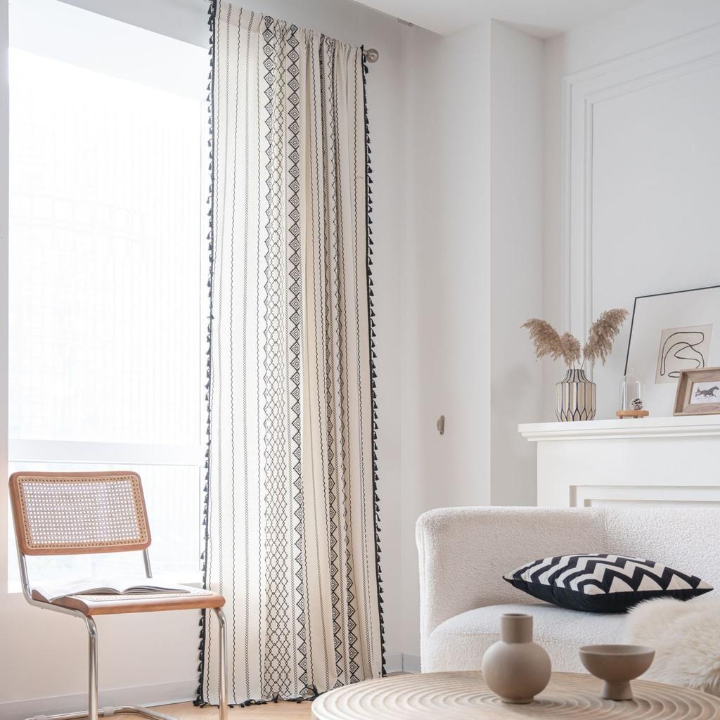 Curtains Finished Cotton and Linen Kitchen Curtains Bohemian Style Black and White Print Bay Window Curtains
