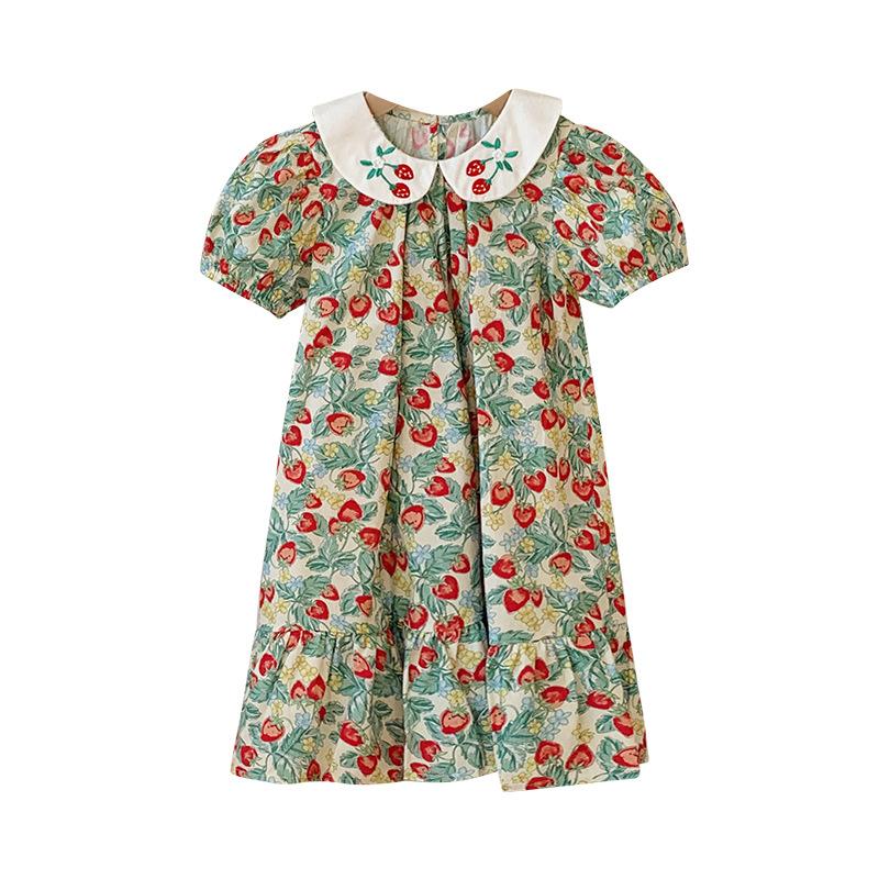 Sweet Strawberry Embroidered Peter Pan Collar Girls Summer Dress Short Sleeve Tiered Cake Dress For Kids