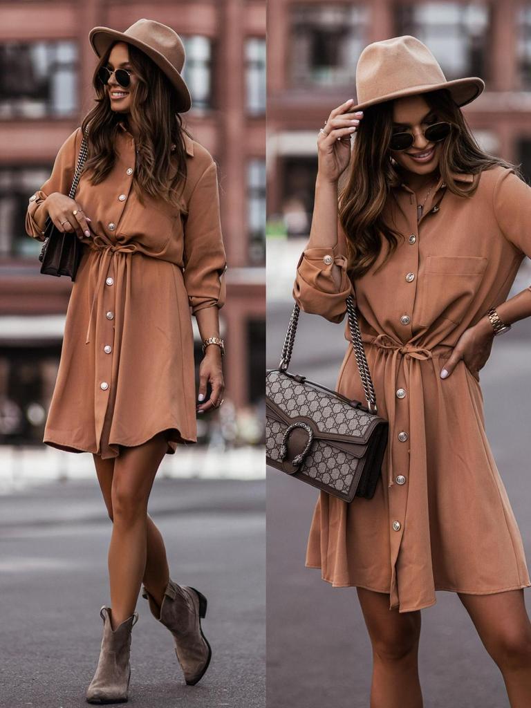 Autumn/Winter Solid Color Waist-Tie Button Roll-Up Sleeve Dress