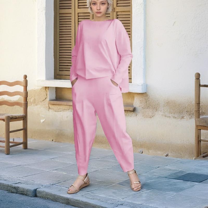 Modisches Rundhals-Langarm-Freizeithemd Zweiteiliges lockeres Hosenset Herbst Einfarbig Übergröße Hosen mit Taschen Hosenanzug Damenbekleidung 1846