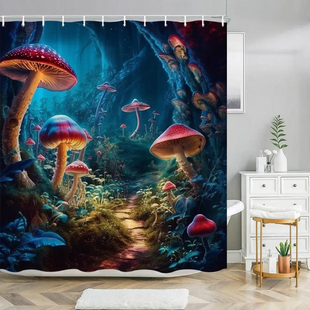 Fantasy Mushroom Shower Curtains Fairy Forest Tree Gothic Panel Jungle Green Zen River Bathroom Decor Shower Curtain With Hooks