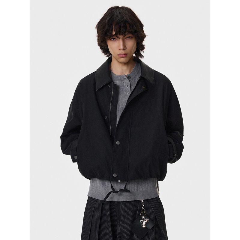 Blaexit Amber Flowing Barn-Style Patchwork Leather Lapel Short Jacket Unisex American Retro Workwear Coat