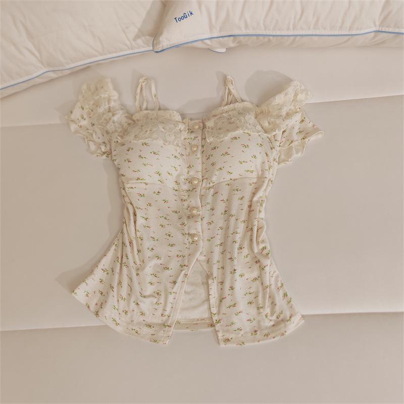 Women's Lace Camisole Sleepwear Set with Chest Pads - Sweet & Sexy Spring/Summer Homewear.