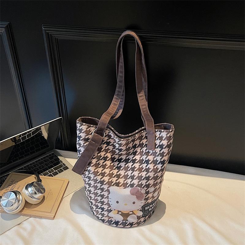 

Женская большая ретро сумка-тоут с принтом «гусиная лапка» и кошкой - Универсальная холщовая сумка через плечо (2025) 28cm*27cm*18cm