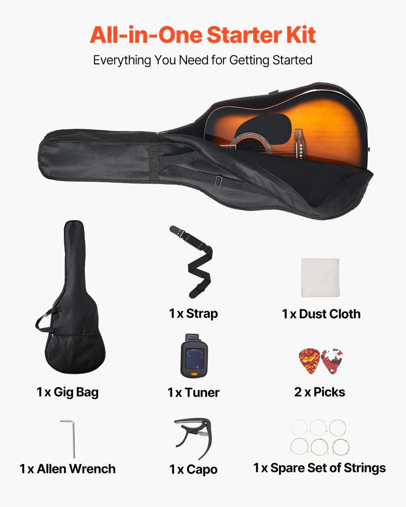 VEVOR 41 in / 1041.4 mm Dreadnought Acoustic Guitar Beginner Bundle Gig Bag Adult Sunburst
