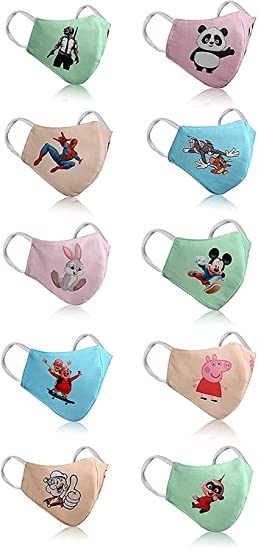 MEELANA Multi Layer Cartoon Reusable & Washable 3D Cotton Cloth Face Mask for Kids Girls-Children (MIX CARTOON, 5, Count)