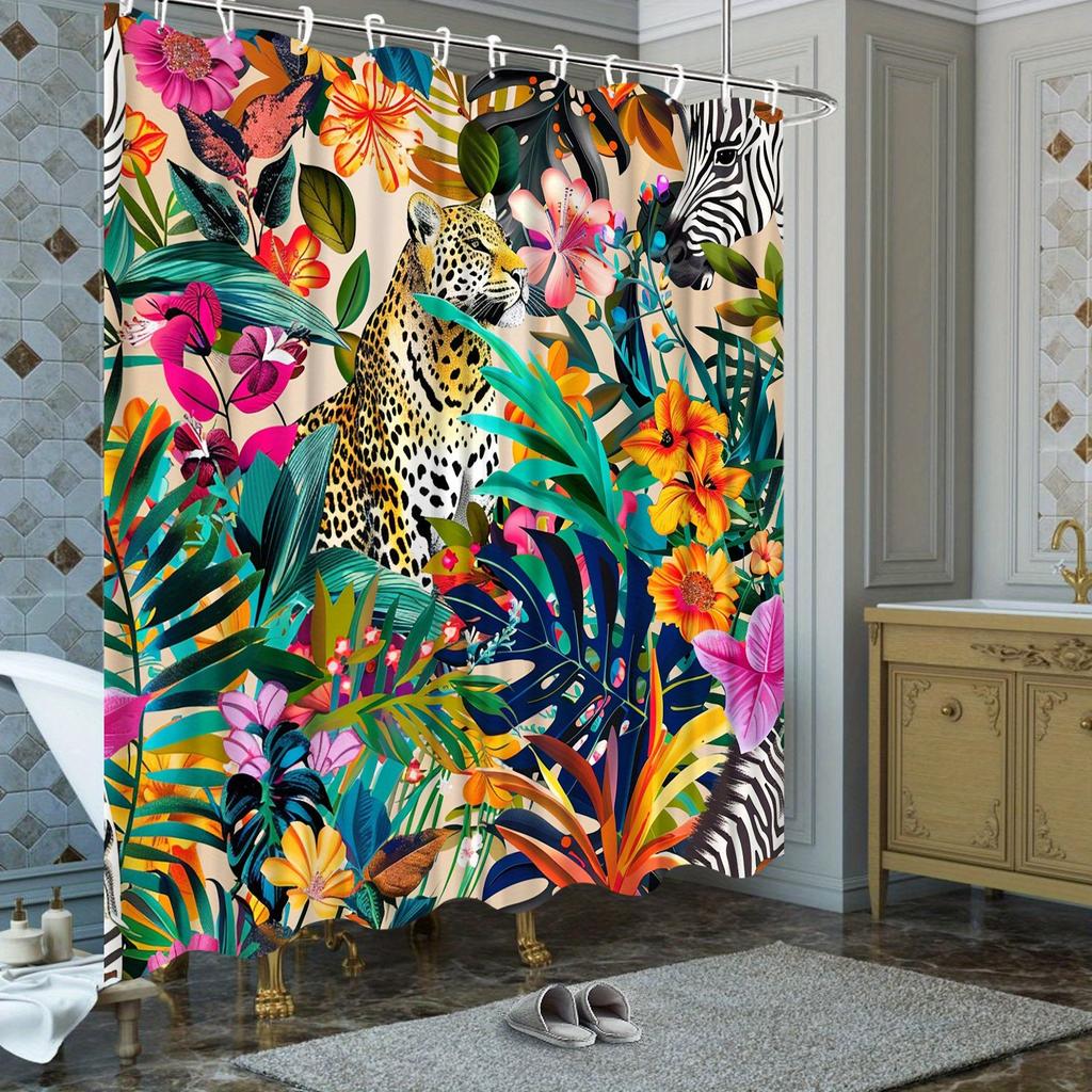 Jungle Leopard & Zebra Print Waterproof Shower Curtain for Bathroom, Tropical Floral Design High-End Toilet Partition Curtain