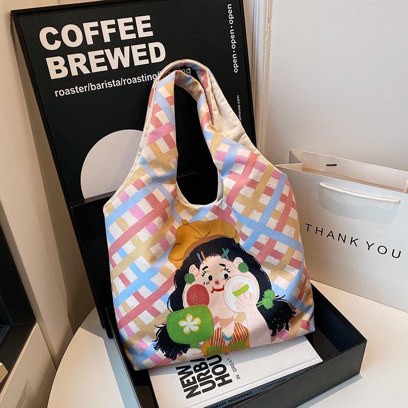 

Graffiti Cartoon Canvas Shoulder Bag for Girls - Cute Plaid Lunch Handbag 43*12*30cm синий