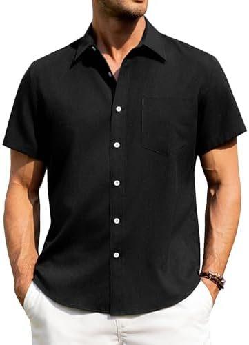 Alimens & Gentle Men's Linen Shirt Short Sleeve Button Up Shirt Wrinkle Free Casual Vacation Beach Summer