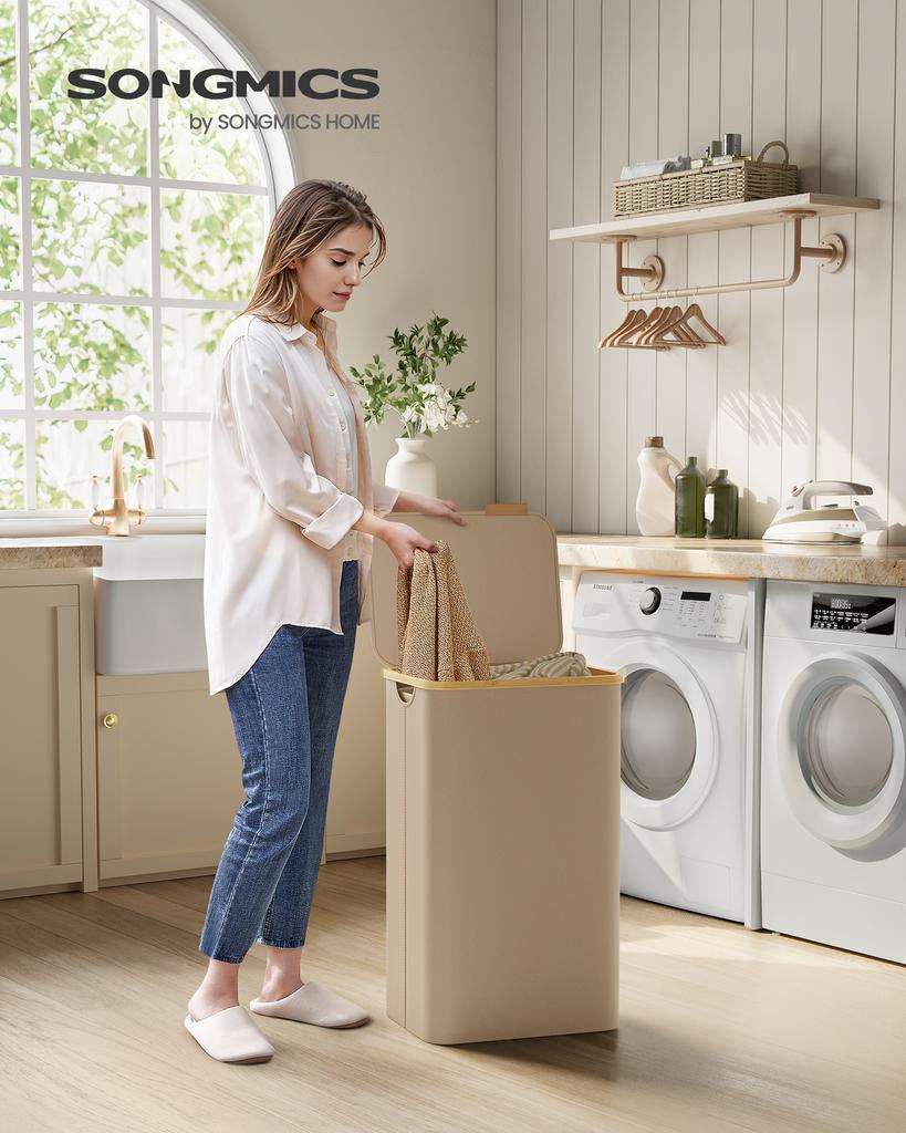 SONGMICS Laundry Basket with Lid, Large Laundry Hamper, 90L, Removable Mesh Liner, Oxford Fabric, Bamboo Handles, Collapsible, 42 x 32 x 70.5 cm