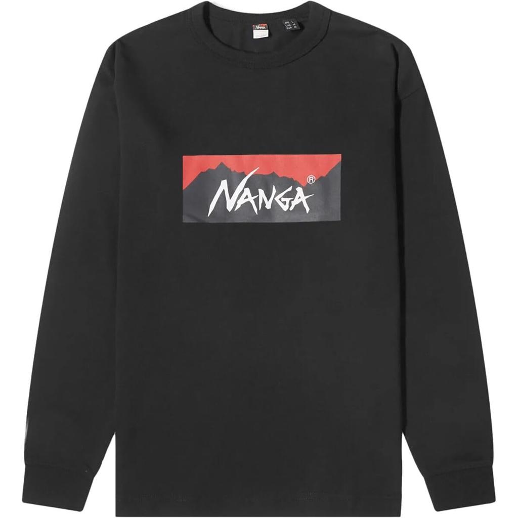 NANGA Eco Hybrid Box Logo Long Sleeve Size Black Men's T-Shirt, M, (NW2311-1G299)