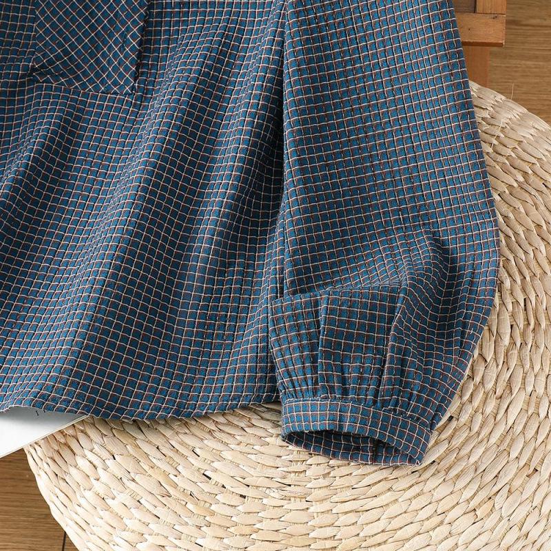 Women's Blue Cotton Plaid Long Sleeve Shirt - Stylish Autumn 2026