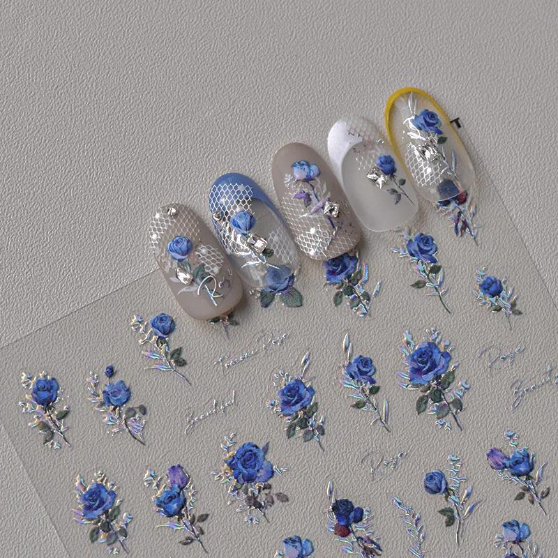 Oriental Blue and White Porcelain Nail Art Sticker Delicate Gold Outline Floral Nail Art Chinese Vintage Ceramic Manicure Decal