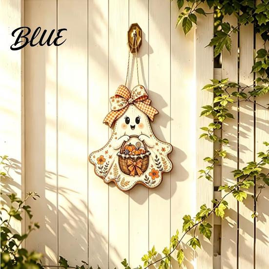 Autumn Porch Hanging Ornament Cute Bow Ghost Sign Rustic Retro Floral Door Sign with Pumpkin Outdoor Fall Entryway Basket Vintage Halloween
