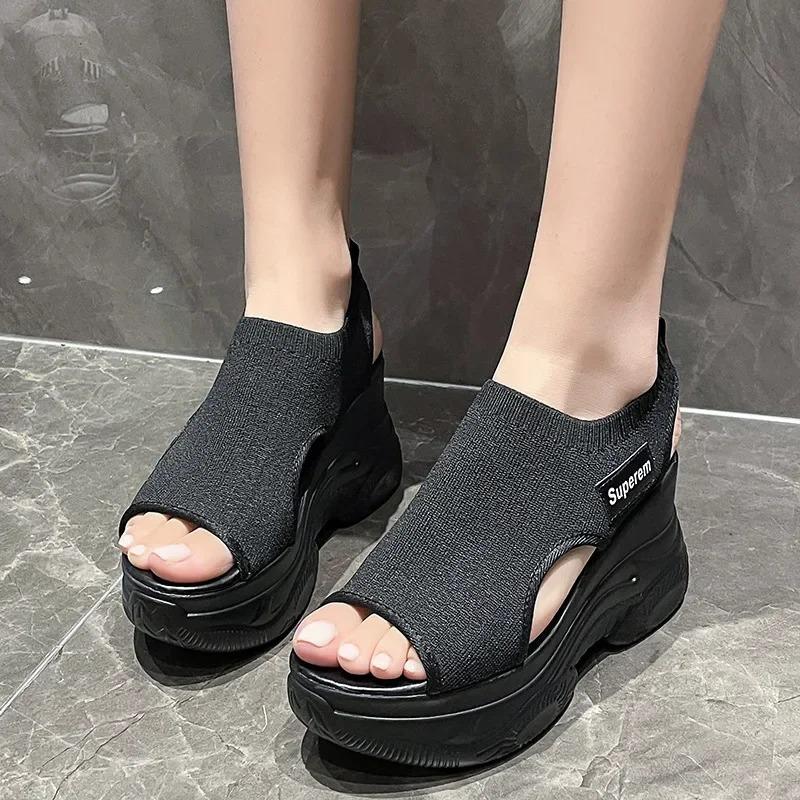 Fashion Women's Sandals 2024 Summer Wedge Heel Elastic Cloth Cover Foot Ladies Sandals Thick-soled Fashion Trifle Elevation Casual Shoes