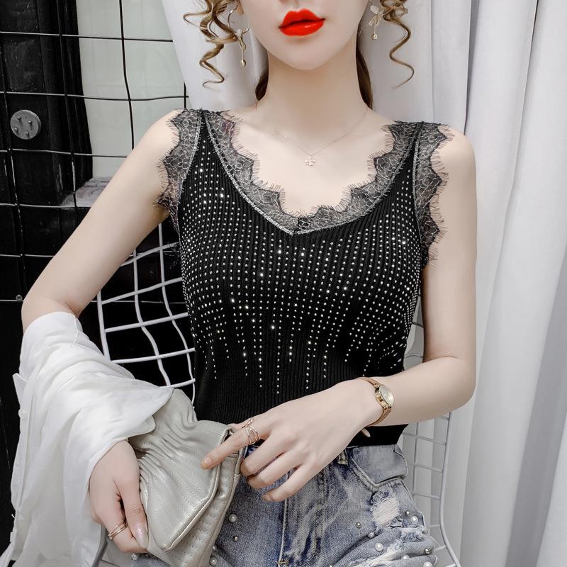 Women Spring Summer Curly Beads Lace V Neck Knit Camisole Sleeveless Diamond Outer Wear Tank Tops