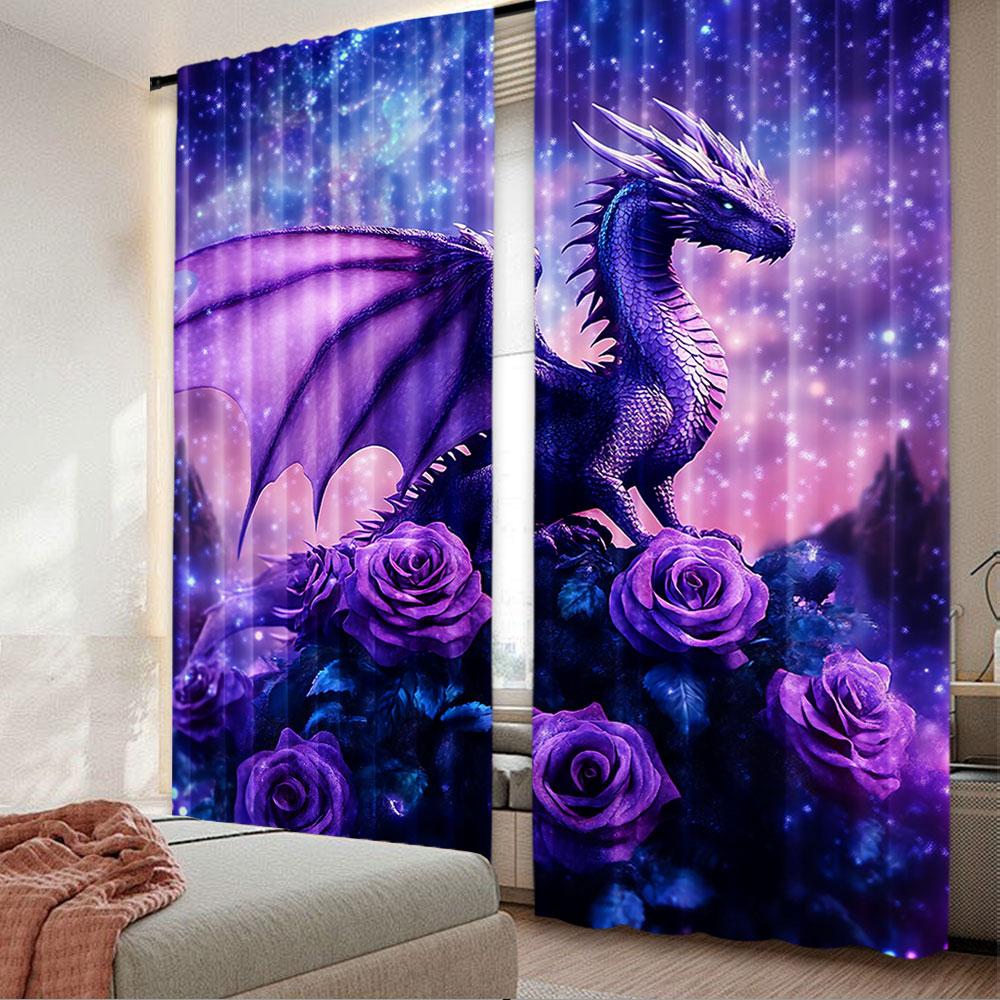 

2 шт. Штора с драконом Звездное небо Роза Цветок Штора Фиолетовая Туманность Галактика Штора Западный Магический Дракон Для Спальни Гостиной 29x65in(75x166cm)