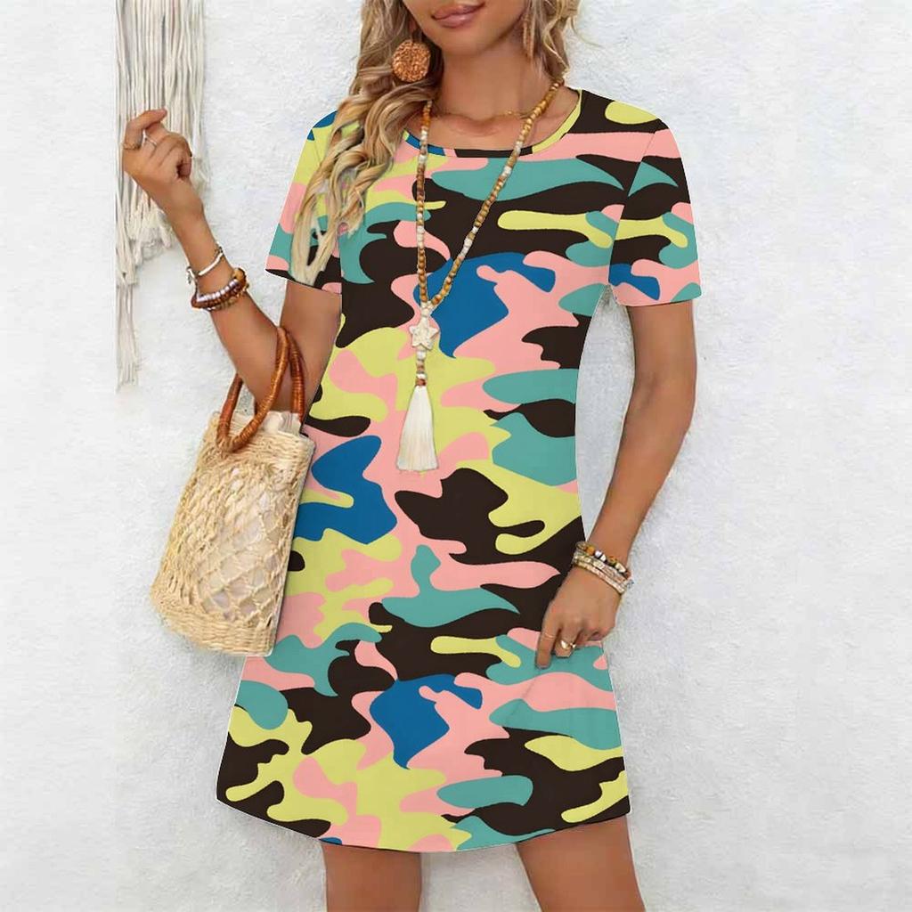 Women Round Neck Oversized Short Sleeve Dress Vibrant Meadow Flower Print For Garden Party
