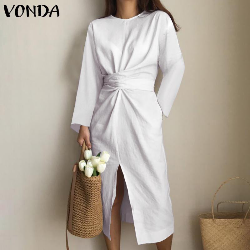 

VONDA 100% хлопок весеннее женское повседневное длинное платье с длинным рукавом и шнуровкой