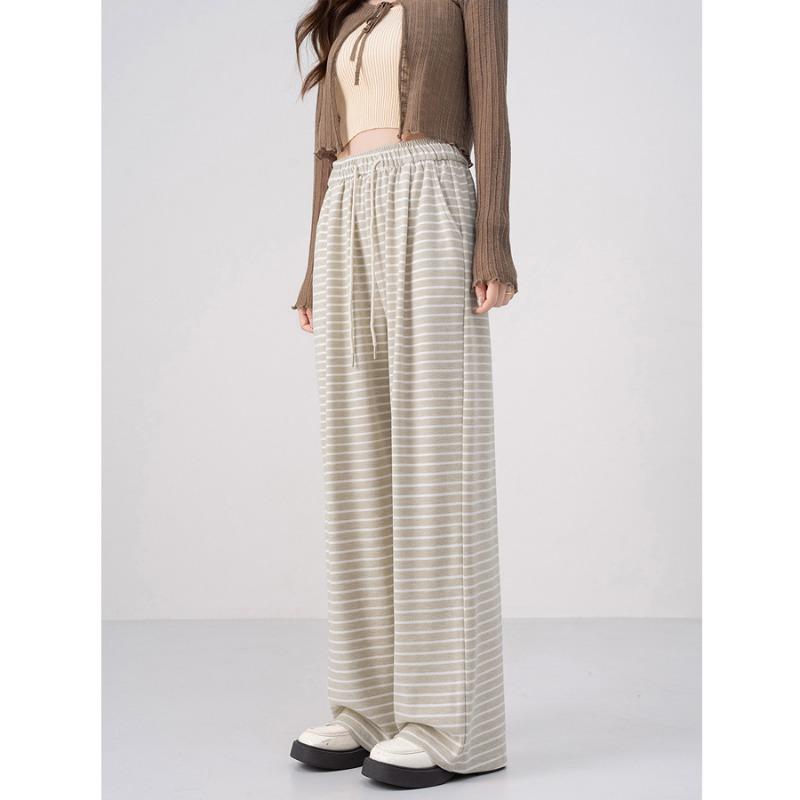 New Lazy Striped Wide Leg Pants Women's Autumn Lace-Up Elastic Waist Loose and Skinny Casual Straight Floor Mopping Pants