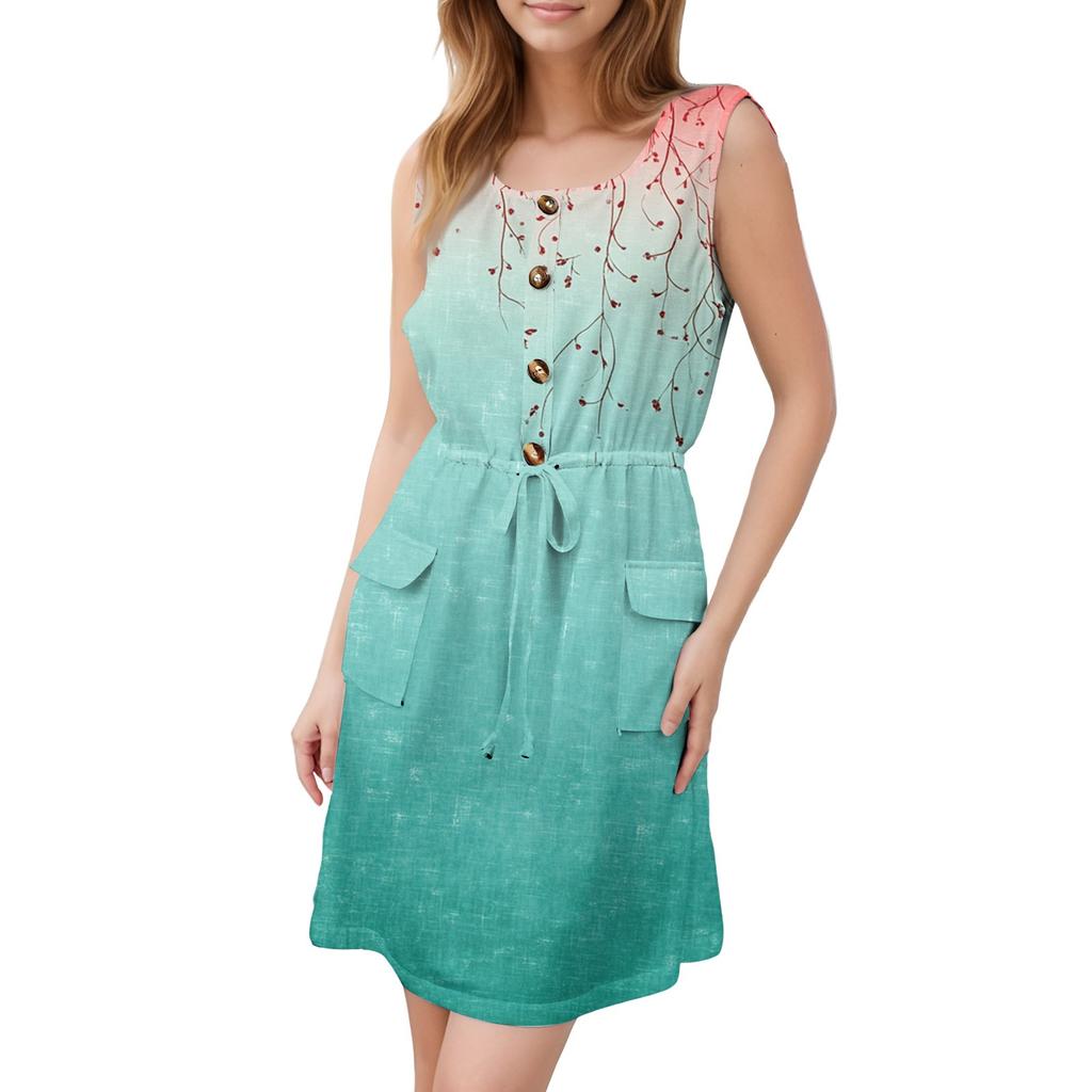 Women's Fashion Sleeveless Round Neck Printed Decorative Button Double Pocket Lace-up Dress