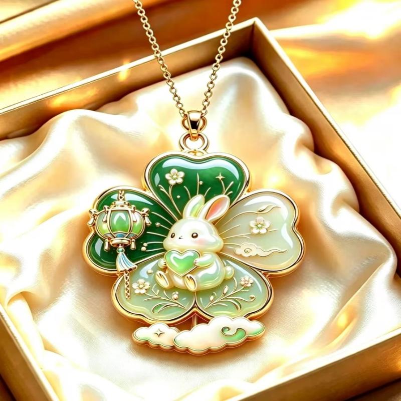 Ethnic Enamel Auspicious Imitation Jade Pendant Necklace Vintage Jewelry For Women Traditional Outfit Accessory Gift