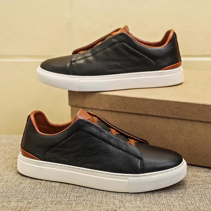 Men Casual Shoes genuine leather Spring autumn Flats Shoes Man Trendy Shoes black white Fashion Designer Sneakers men flats