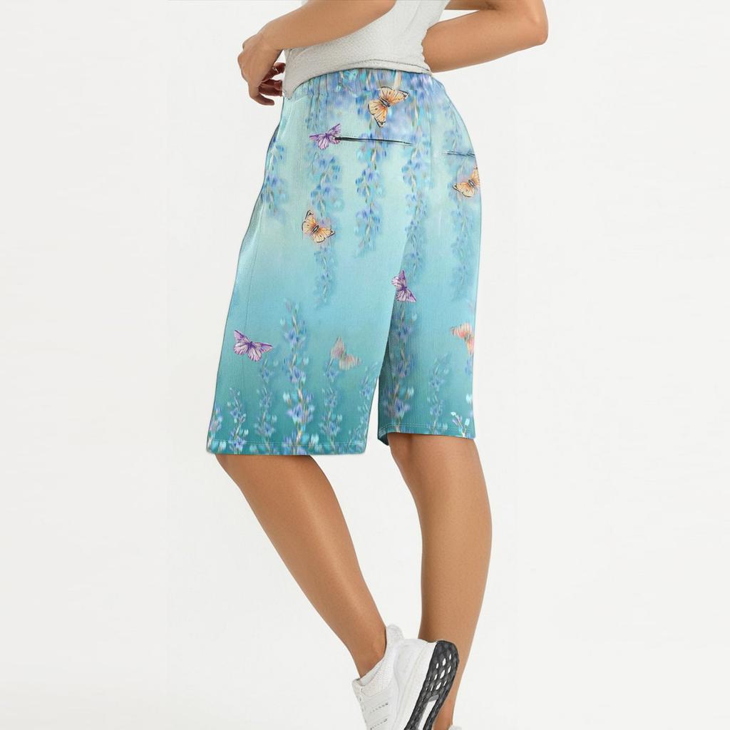 Women's Summer Fashion Retro Floral Polka Dot Print Knee Length Lightweight Elastic Waist Casual Pocket Shorts
