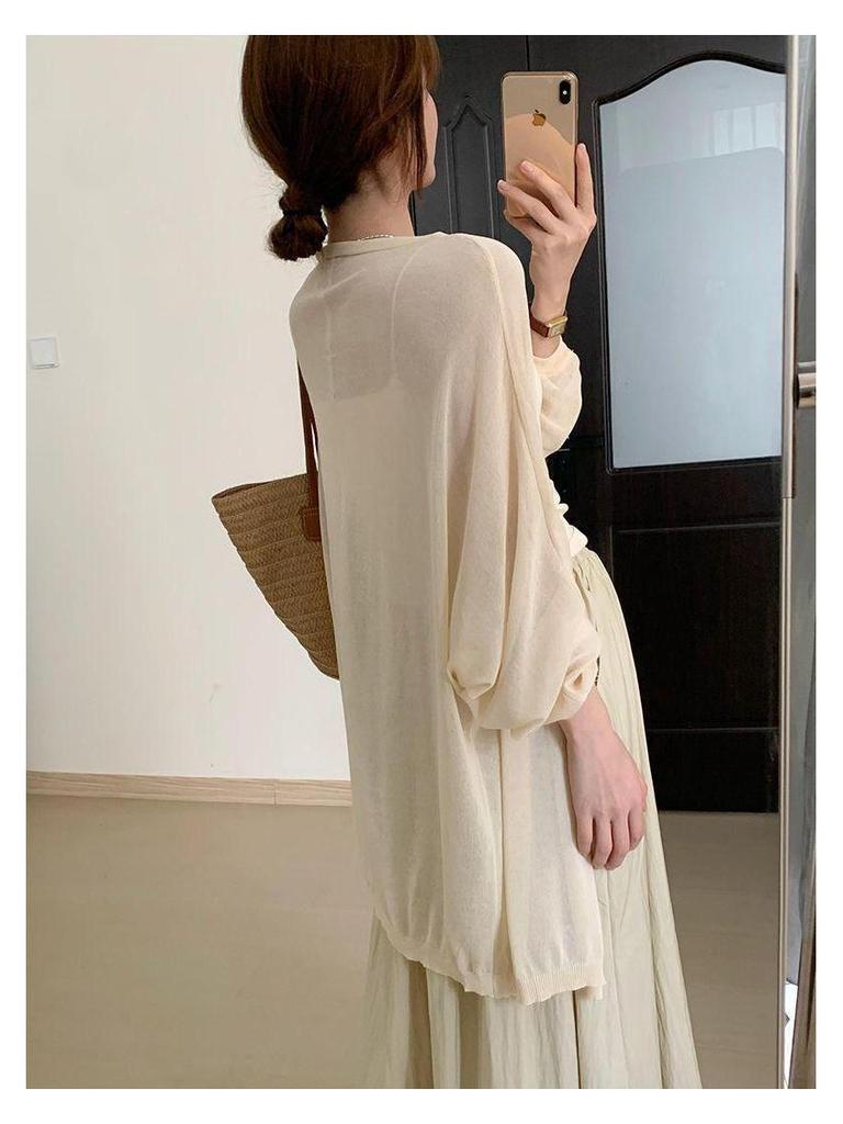 Korean Style Plus Size Loose Knit Cardigan - Spring/Summer, Long Sleeve, Airy & Elegant