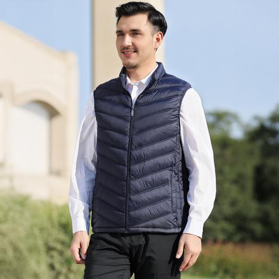 Men Cotton Vest Stand Collar Sleeveless Zipper Closure Thermal Jacket with Pockets Solid Color Winter Waistcoat