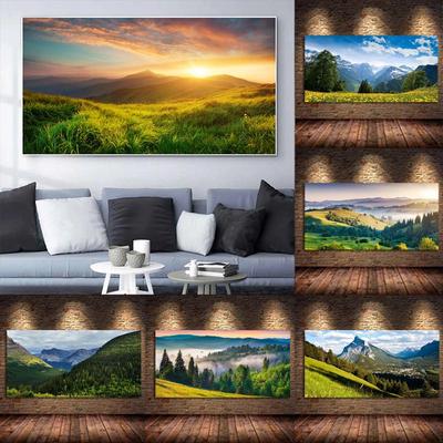 Pittura su Tela Montagna Verde Paesaggio Scenari Naturali Foresta Raggi di Sole Poster Stampa Arte da Parete Immagine Soggiorno Decorazione Casa