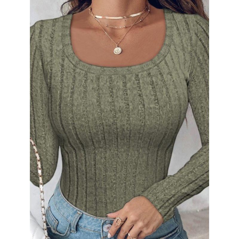 Autumn New European and American Amazon Fashion Solid round Neck Temperament Slim fit Long sleeves Shirt Top Bottoming Shirt Multi-Color
