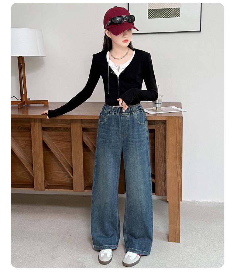 2025 Girls' Embroidered Wide-Leg Jeans: Spring/Fall Casual Straight-Leg Pants for Medium & Big Kids