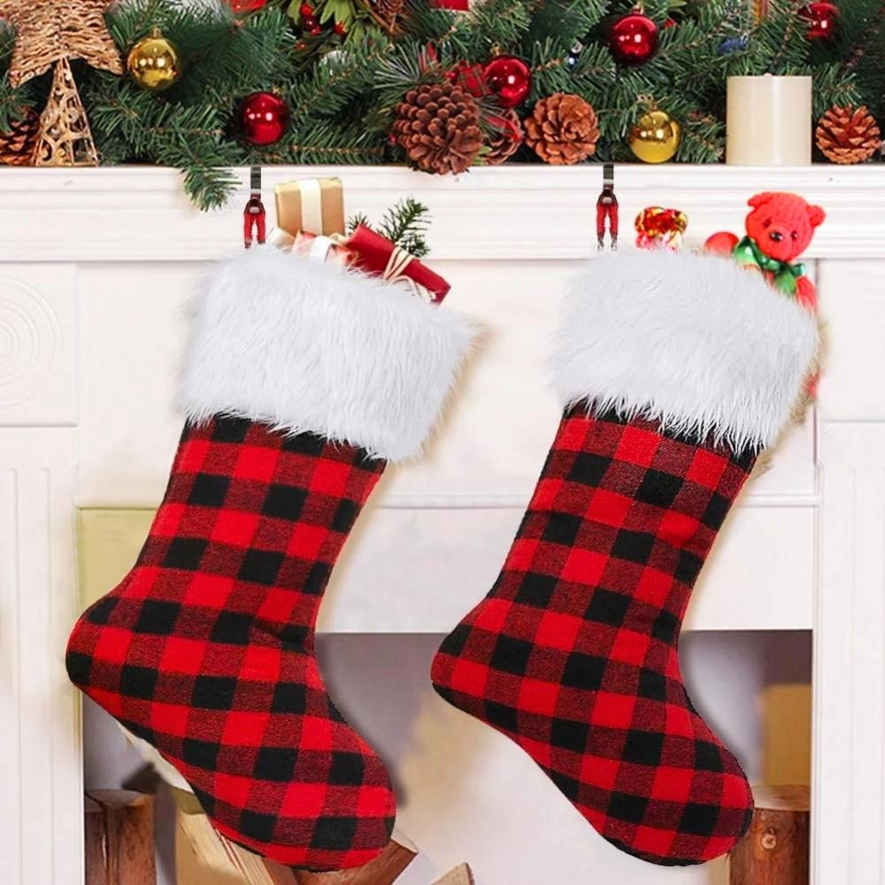 Christmas stocking with a checkered pattern for the fireplace, gifts, pendant, decoration, Christmas tree