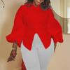 Women's Solid Color V-Neck Lantern Sleeve Blouse - Plus Size, Elegant & Versatile Style for African, European & American Fashion