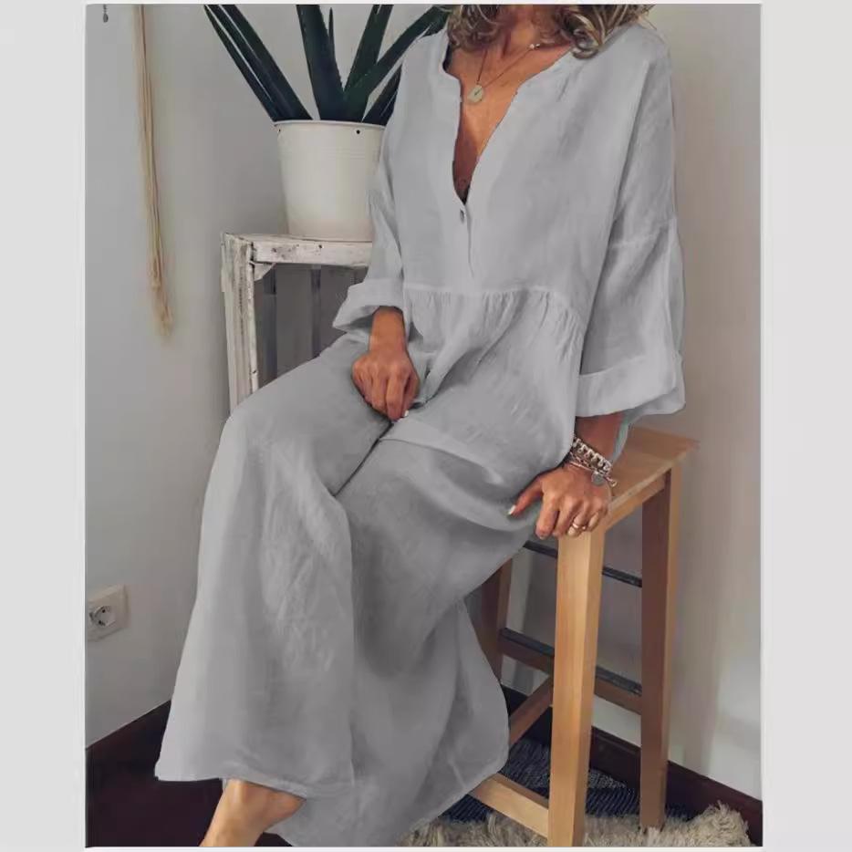 Female Solid Cotton Linen Dresses Holiday Stylish V Neck Long Dress Women Autumn Sundress