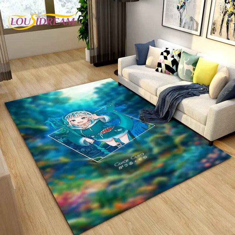 Cute Anime Gawr Gura Hololive Shark Area Rug,Carpet Rug for Living Room Bedroom Sofa Doormat Decoration, Kids Non-slip Floor Mat