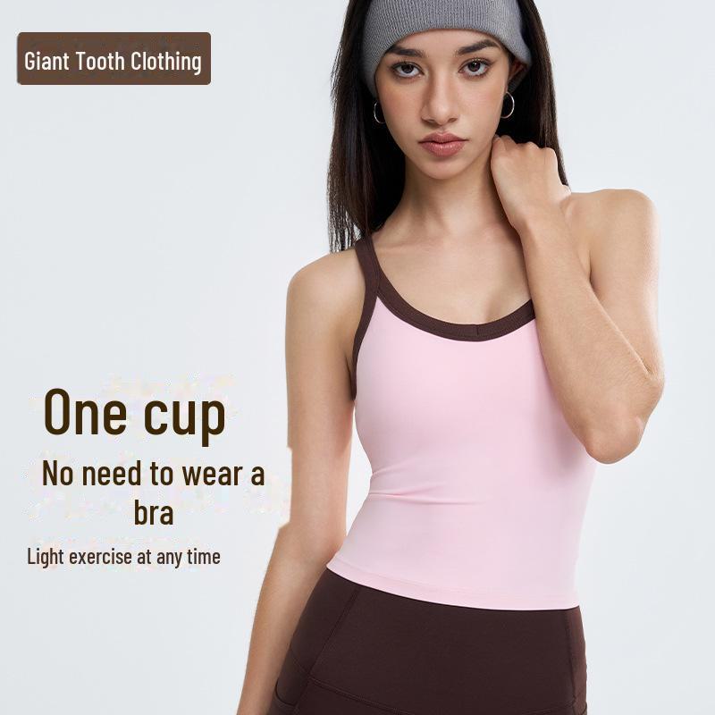 Women's Contrast Color Yoga Vest with Fixed Chest Pad - High-Strength Shockproof Sports Underwear.