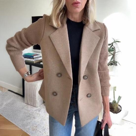 Dámský vlněný dvouřadý kabát s klopami, žebrovaný úplet, dlouhý rukáv, krátké sako, podzimní svrchní kabát