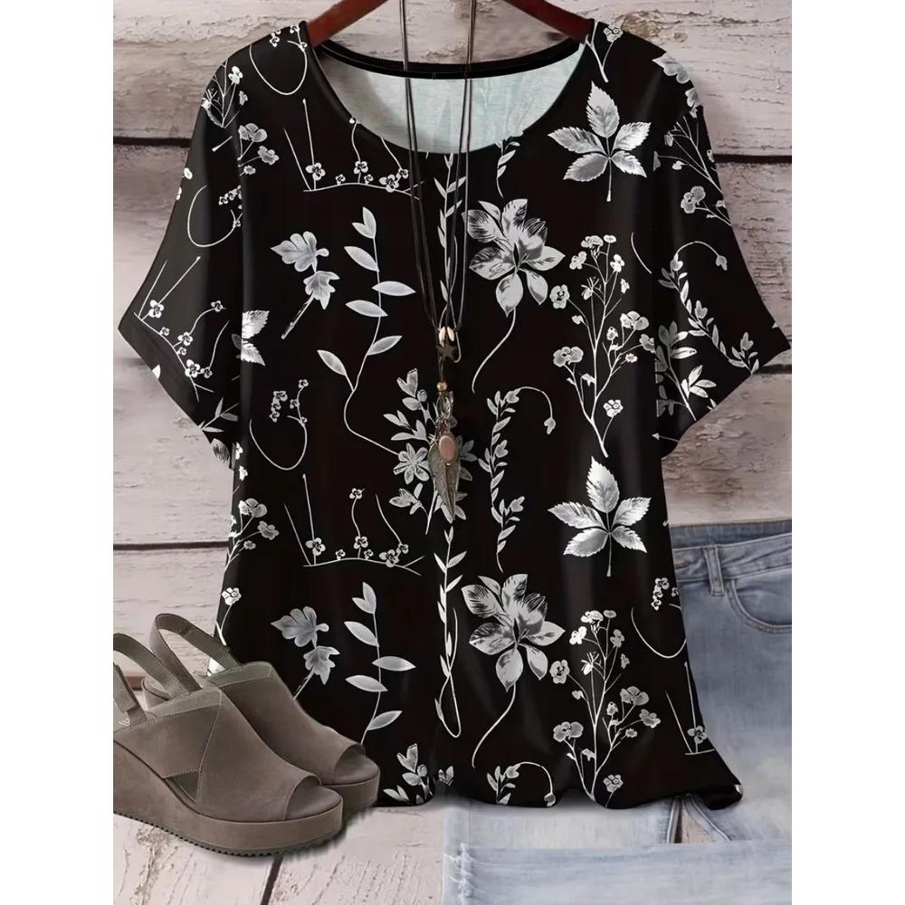 Casual Comfort Flower Print Women s Top Fashion Short Sleeve Versatile T-Shirt Daily Crew Neck T-Shirts Women’s XS