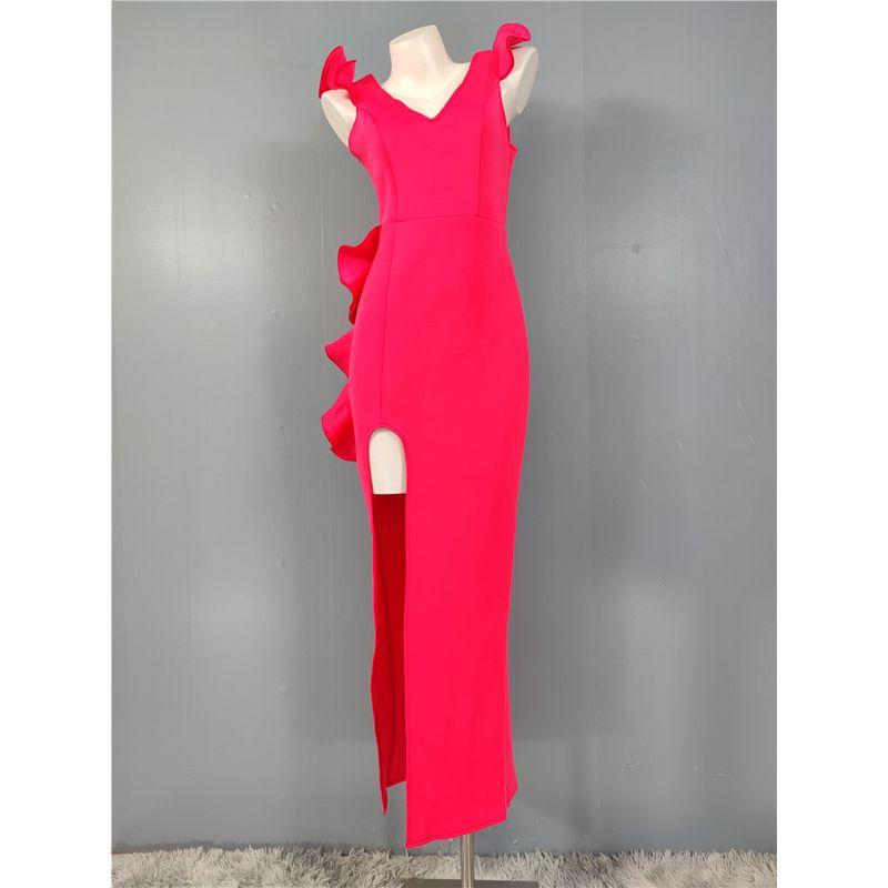 

Export Sexy Ruffles Silm Slimming and Fashionable Space Cotton Split Sheath Beautiful Open Back Pro Elegant Dress Rose Red XL