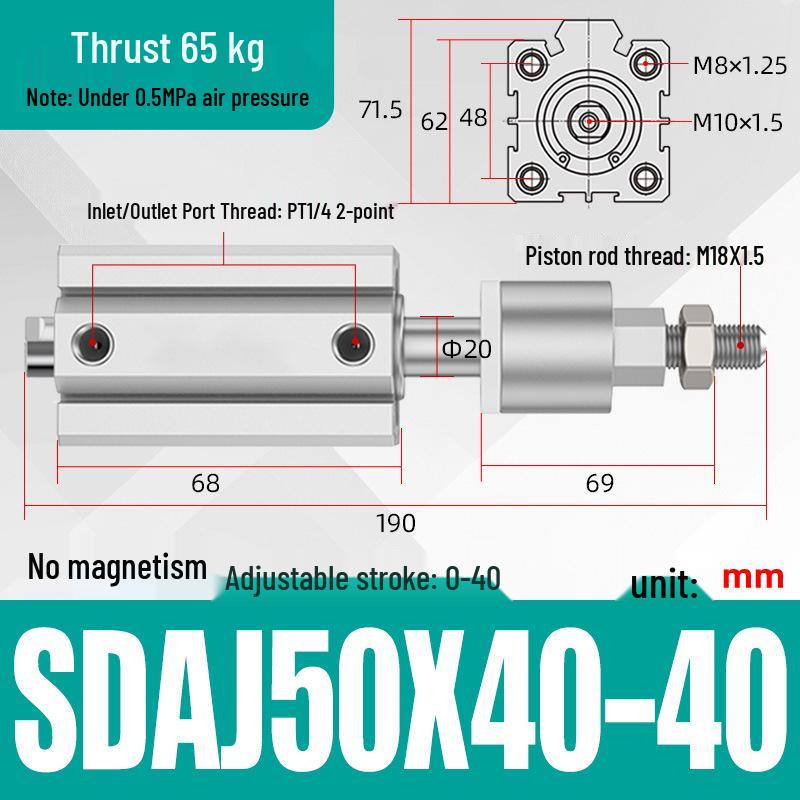 Adjustable Stroke Pneumatic Thin Cylinder - Piston Rod Sizes: 16/20/25/32/40/63